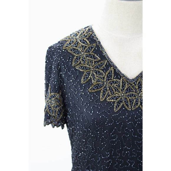 Stenay Beaded Silk Blouse Womens M Black Gold Cocktail Formal Party - Picture 3 of 12